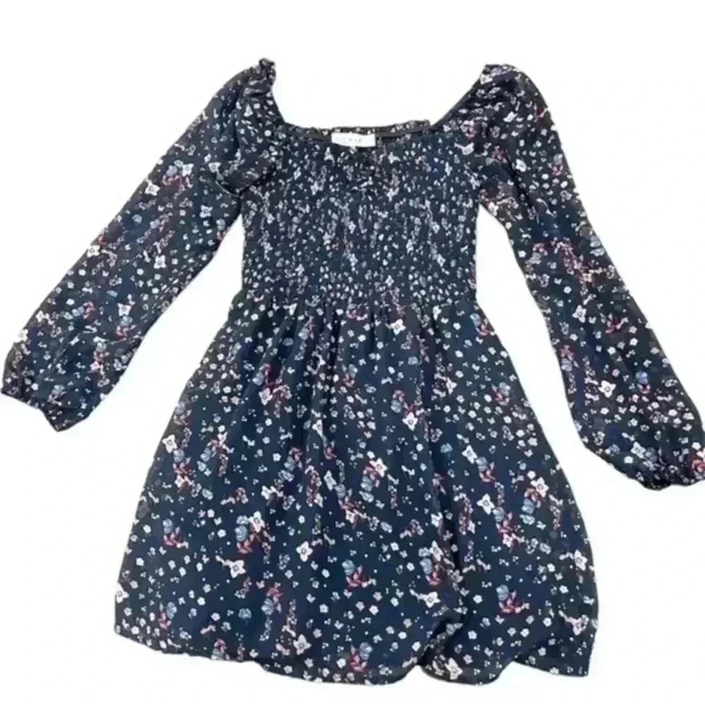 ROW.A Nordstrom Navy Blue Off the Shoulder Bell Sleeve Floral Mini Dress Size S